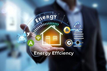 Corporate Vision for Sustainable Home Energy.
A business executive demonstrating a futuristic vision of sustainable home energy.