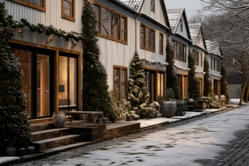 Fototapeta na wymiar A charming winter street with Danish-inspired rowhouses, adorned with naturalistic lighting, covered in snow. Generative AI.