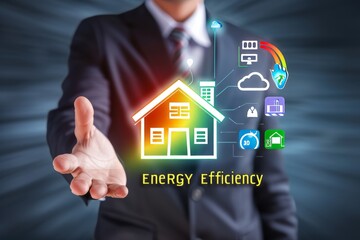 Conceptual Display of Smart Home and Energy Efficiency by Executive.
Executive hand interacting with a futuristic smart home energy concept.