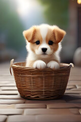 Cute welsh corgi pembroke puppy in basket