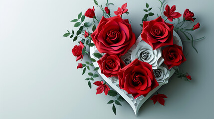 A paper heart surrounded by a bouquet of red roses for Valentine's Day.