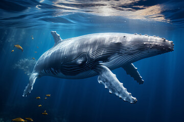 Baby Humpback Whale Calf In Blue Water - obrazy, fototapety, plakaty