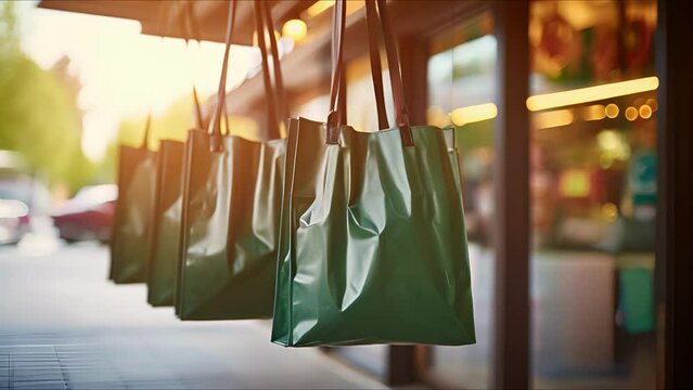 Closeup of a set of reusable shopping bags hanging from a hook near a grocery store entrance.