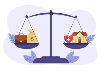 Work and personal life balance concept. Money, house and health on scale in flat design.