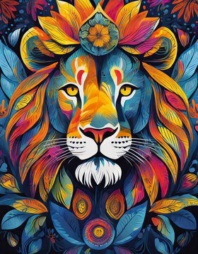 lion bright colorful and vibrant poster illustration
