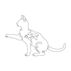 Cat with fish inside. Cat silhouette side view. The fish is swimming. Double exposure. Picture in picture.Continuous one line drawing. Lineart vector illustration.