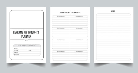 Editable Reframe My Thoughts Planner Kdp Interior printable template Design. - obrazy, fototapety, plakaty