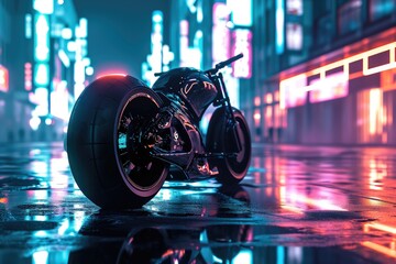 An electric Electric Bicycle driving through a futuristic city at night created with Generative AI Technology - obrazy, fototapety, plakaty