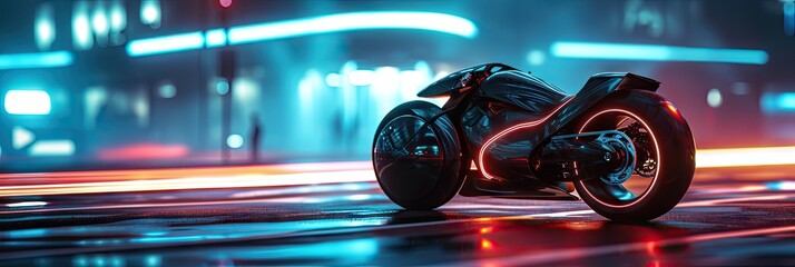 An electric Electric Bicycle driving through a futuristic city at night created with Generative AI Technology - obrazy, fototapety, plakaty