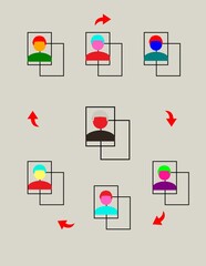 Colorful Abstract of Human Figures with Dynamic Arrow Symbols concept of team work risograph colors