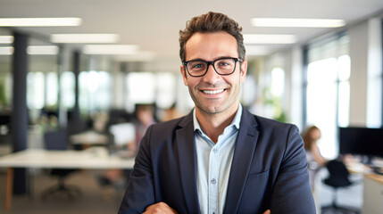 Fototapeta premium Portrait of smiling mid adult businessman standing at corporate office