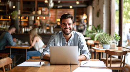 Fototapeta na wymiar businessman working in cafe during coffee break, Closeup of man's hands using modern laptop in modern stylish cafe