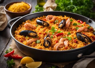 Seafood paella with rice, shrimps and mussels - obrazy, fototapety, plakaty