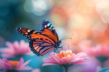 Monarch Butterfly Feeding on Lantana Flowers in Bloom - obrazy, fototapety, plakaty