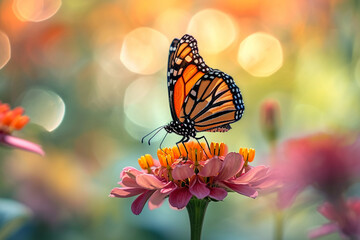 Fototapeta na wymiar Monarch Butterfly Feeding on Lantana Flowers in Bloom