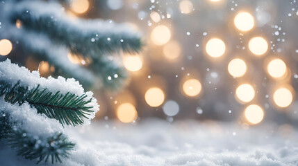 Fototapeta na wymiar Frosty Christmas backdrop, snowy spruce, bokeh lights, space for greetings