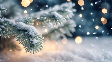 Fototapeta na wymiar Winter wonderland scene, snow-covered evergreen branches, holiday lights, copy space