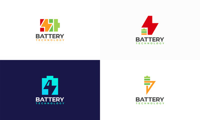 Set of Battery technology logo designs concept vector, Battery with Thunder symbol template icon