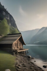 Fototapeta na wymiar Old wooden house on the shore of a mountain lake at sunset.
