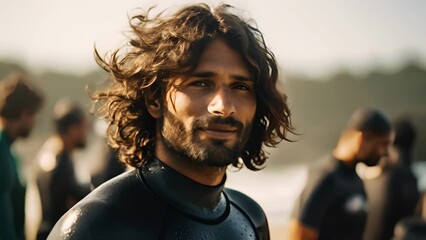 A focused shot of a male Indian surfer standing still in a wetsuit with a completely defocused beach and surfers in the backdrop.
