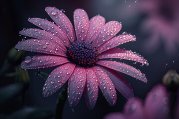 Cyberpunk Daisy flower with dew drops. Blinding Neon Bloom. wallpaper or backdrop concept.
