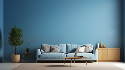 Fototapeta na wymiar minimalist living room with blue wall