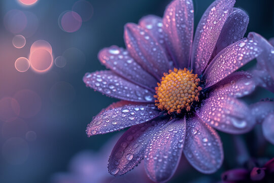 Cyberpunk Daisy flower with dew drops. Blinding Neon Bloom. wallpaper or backdrop concept.