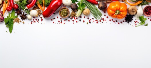 Fresh vegetables and spices on white background creating frame. Healthy food and cooking.