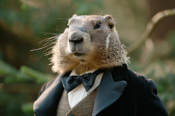 Photograph of a groundhog dressed up in formal attire for Groundhog Day
