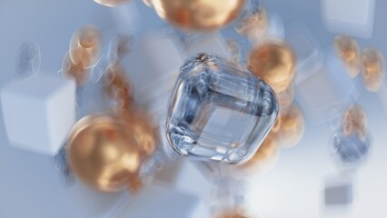 Abstract composition. Flying cubes and spheres close-up. Soft focus. Bokeh effect. Blurred background