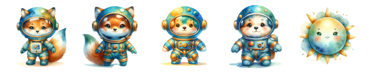 Obraz premium Watercolor cute animals in space on white background.Isolated image.
