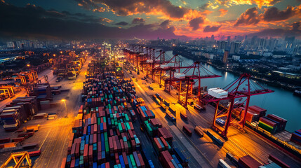 Container cargo port night day view