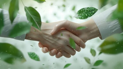 Handshake with green leaves. People protect pollution and climate change, Nature protection, Environmental conservation