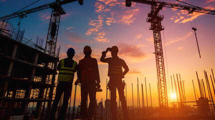 three worker construction with building looking sunset