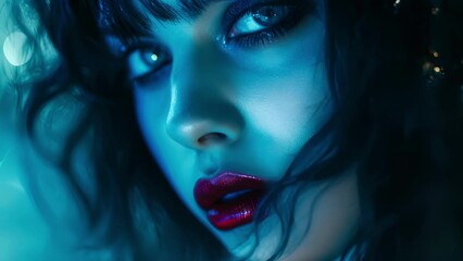 The bright blue sparks dancing around this punk rockers face only add to the intensity of her heavilylined eyes and bold red lipstick, creating a striking and edgy look.