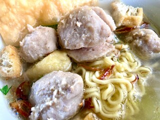 close up view of Bakso, Indonesian meatball soup