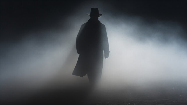A mysterious man wearing a long trench coat in the fog.