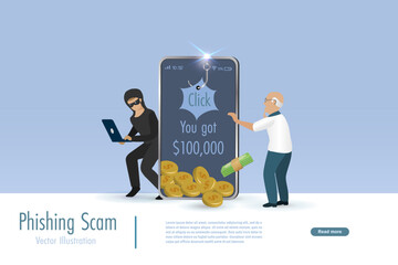 Hacker online phishing, scam fraud link on smartphone at senior man. Idea for digital online cyber crime, hacking, phishing, scaming and financial security concept. - obrazy, fototapety, plakaty