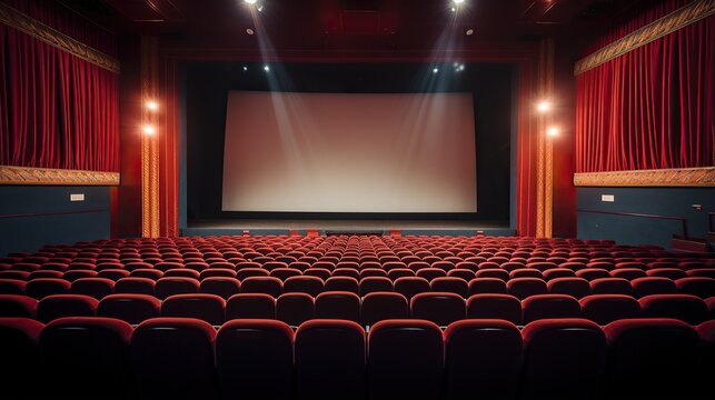 Modern cinema screen hall, stage and empty projection screen, with rows of red chairs. blank screen a place to write, to add images.