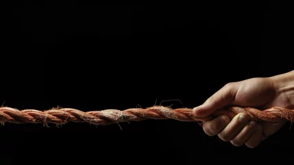 Fotobehang Hand pulling a thick twine rope against a black background. Generative ai © nilanka
