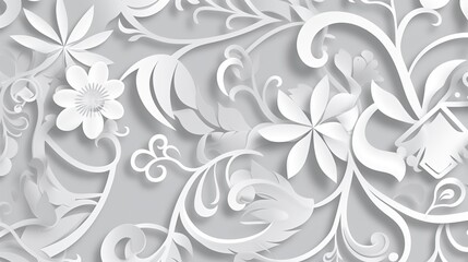 a white background with floral motifs, in the style paper cut art, spirals and curves, light gray and white, vectorial art, in the style flat colors, generative ai - obrazy, fototapety, plakaty