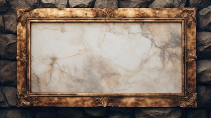 Rustic-looking photo frame on a marble wall background. Generative ai