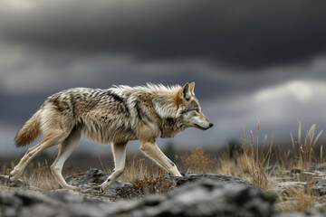 Solitary Wolf Prowling in Foreboding Stormy Weather