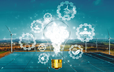 Green energy innovation light bulb with future industry of power generation icon graphic interface....