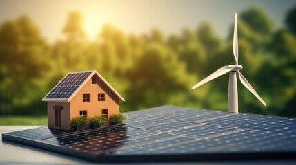 Miniature solar panels, wind turbine, and a house, concept of green energy. Generative ai - obrazy, fototapety, plakaty