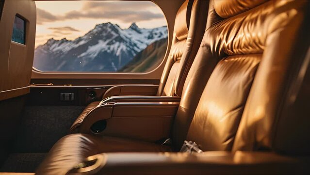 The warm, earthy tones of the leather upholstery in this private jet complement the serene mountain landscape in the background, creating a harmonious and sophisticated atmosphere.