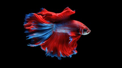 Beautiful Siamese fighting fish with red and blue colors isolated on black. Generative ai