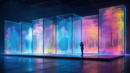 Colorphoto of holographic displays three dimensional projections immersive visuals solid color