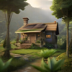 wooden house in the garden with morning ligh