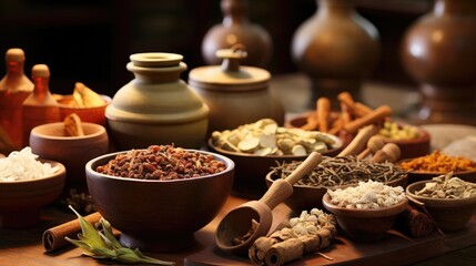 Fototapeta na wymiar ancient herbal medications ingredients items